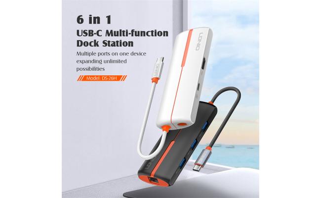 LDNIO DS-26H 6 In1 Type-C to Type-C*1+HDMI*1+USB3.0*3+RJ45*1, Docking Station Data Hub for Computer Laptop - White